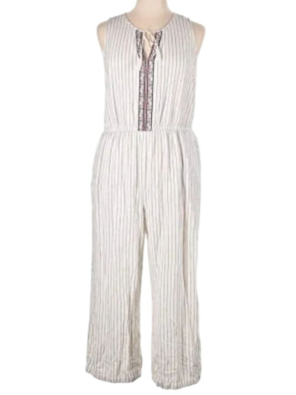 Neutral Linen Striped Wide Leg Jumpsuit 2XL Floral Embroidery Boho Indie Folk